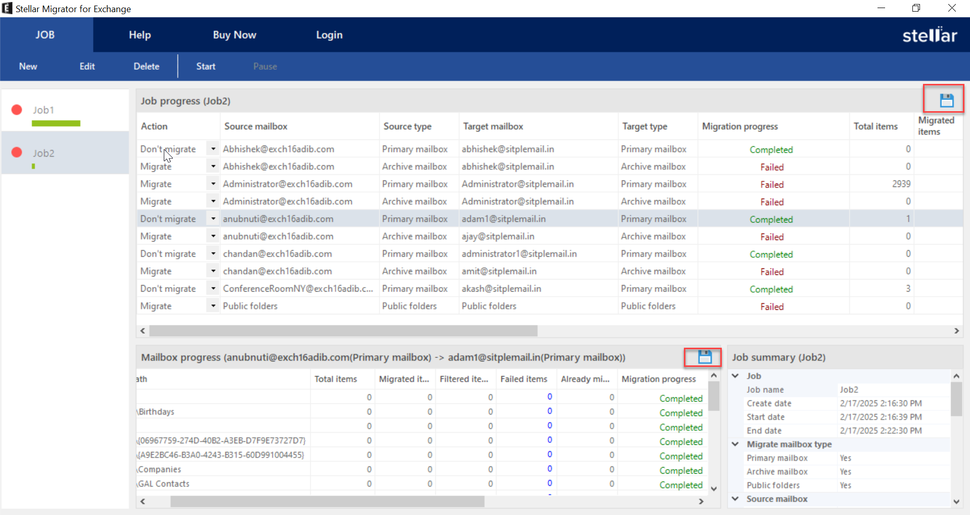 At any point, you can generate a Migration report for all the mailboxes or a particular mailbox. By clicking on the save icon. You can save this generated report on your system. Once a mailbox is migrated, the Migration progress will change to Completed. When the Migration progress of all the mailboxes is changed to Completed, the job will be done.